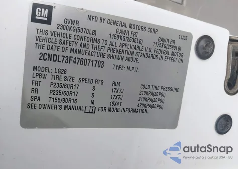 2007 Chevrolet Equinox Lt from USA, damaged, VIN 2CNDL73F476071703